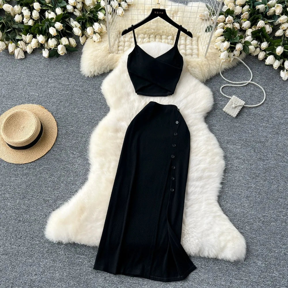 Women's Elegant 2 Piece Summer Set – V Neck Crop Top & High Waist Split Maxi Skirt