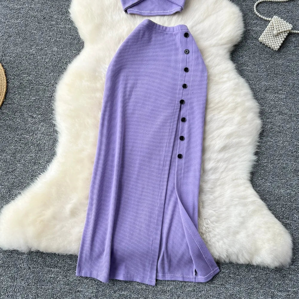 Women's Elegant 2 Piece Summer Set – V Neck Crop Top & High Waist Split Maxi Skirt