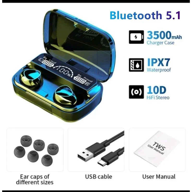 M10 TWS Wireless Earbuds with Charging Case, Bluetooth 5.1 Headphones, HD Stereo Sound, Noise Reduction & Waterproof Design