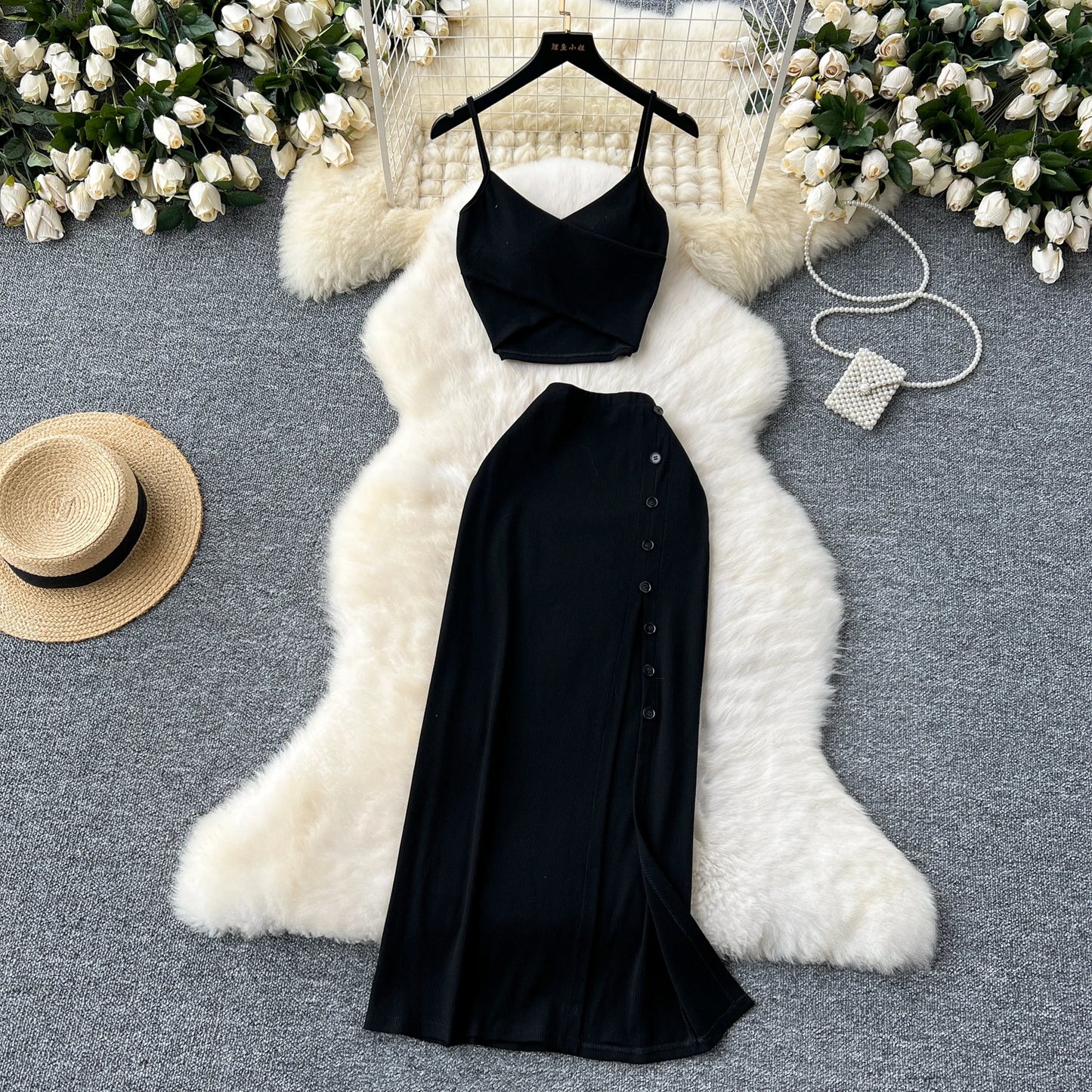 Women's Elegant 2 Piece Summer Set – V Neck Crop Top & High Waist Split Maxi Skirt
