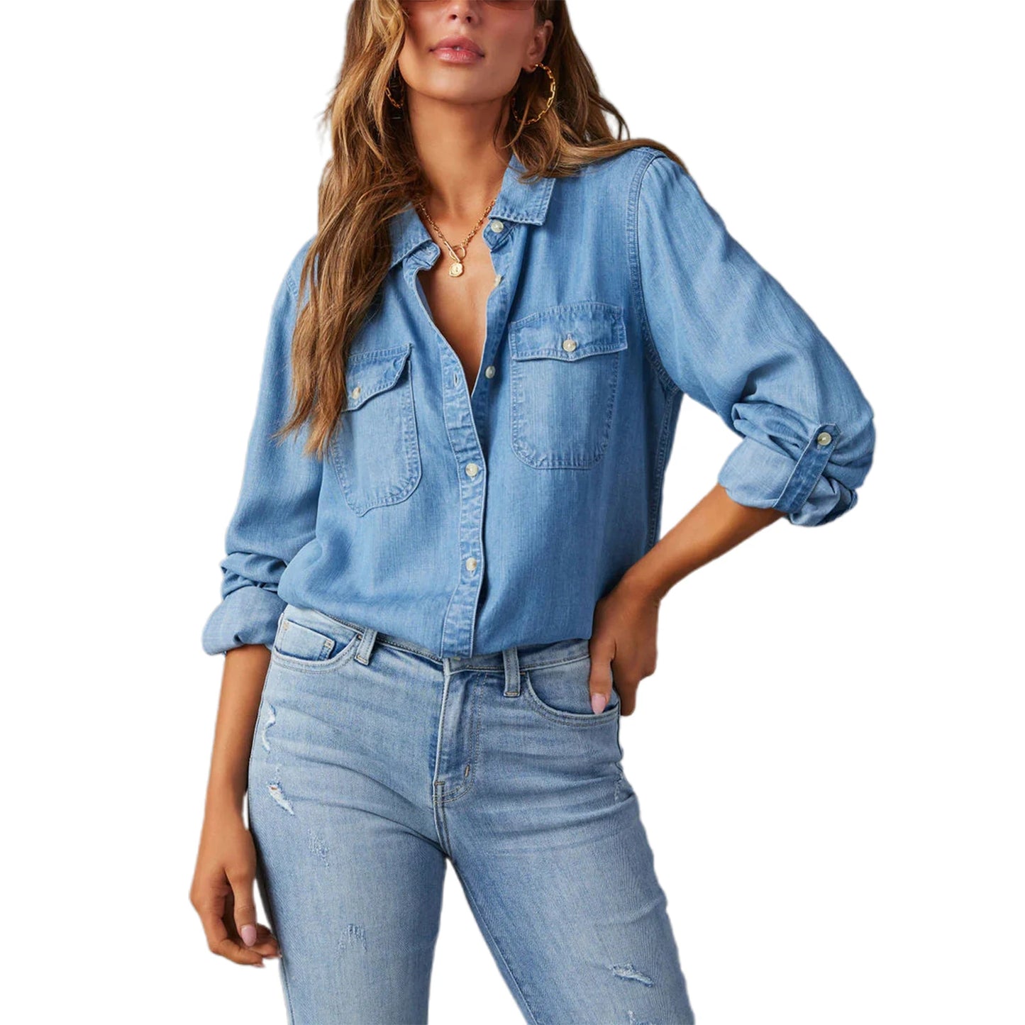 Women's Classic Denim Shirt – Long Sleeve Button-Up Jean Blouse, Casual Loose Fit Collared Top
