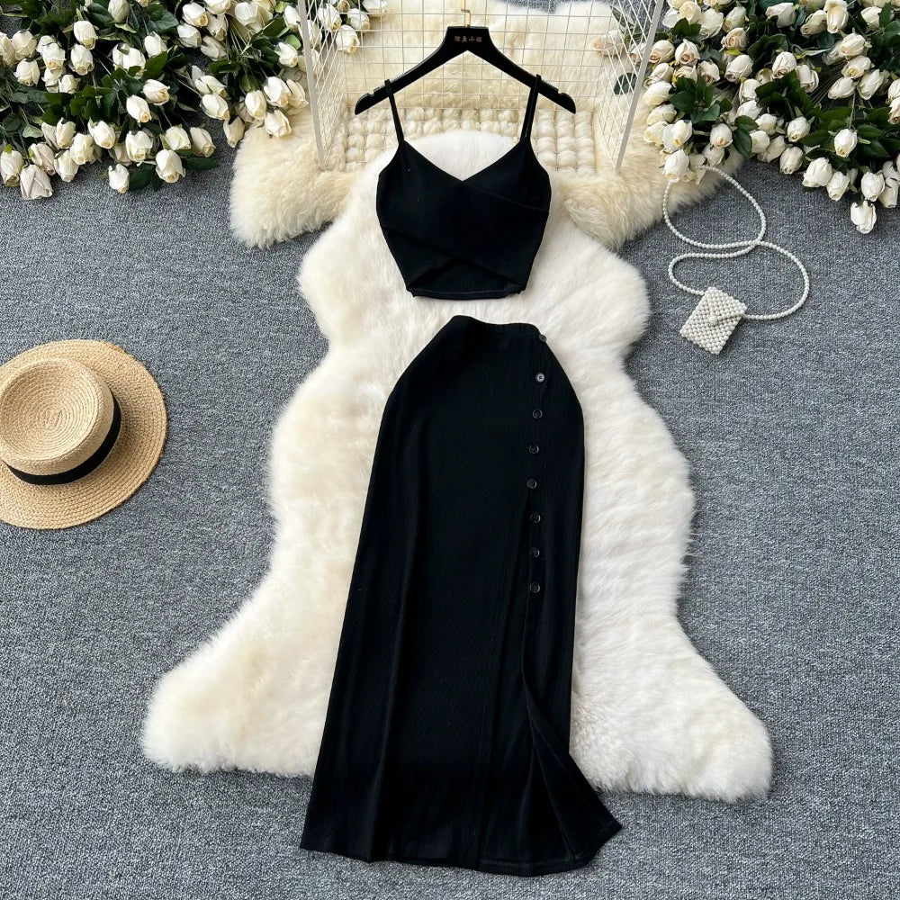Women's Elegant 2 Piece Summer Set – V Neck Crop Top & High Waist Split Maxi Skirt