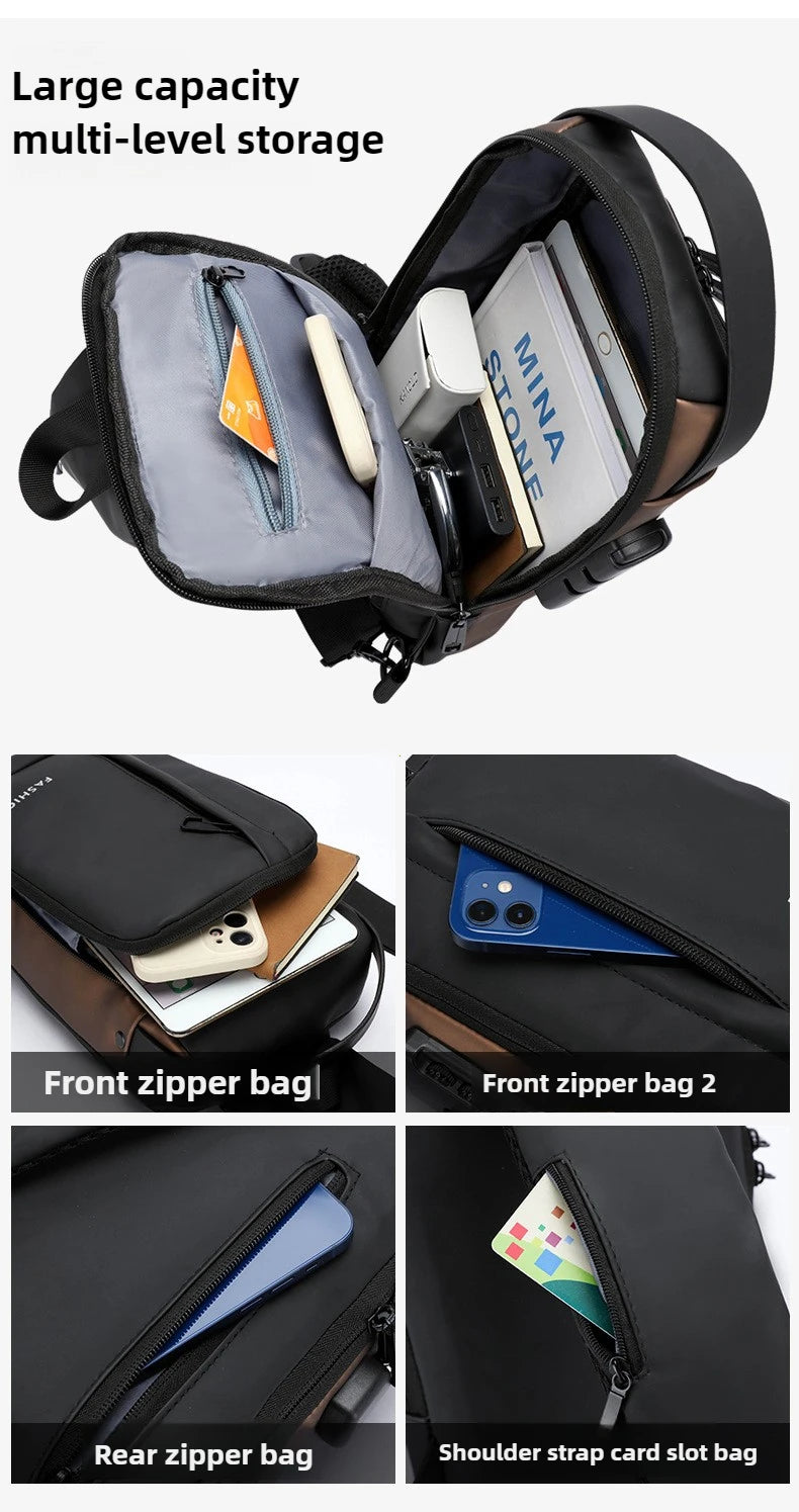 Men's Anti-Theft Sling Bag with USB Charging Port – Waterproof Crossbody Chest Backpack