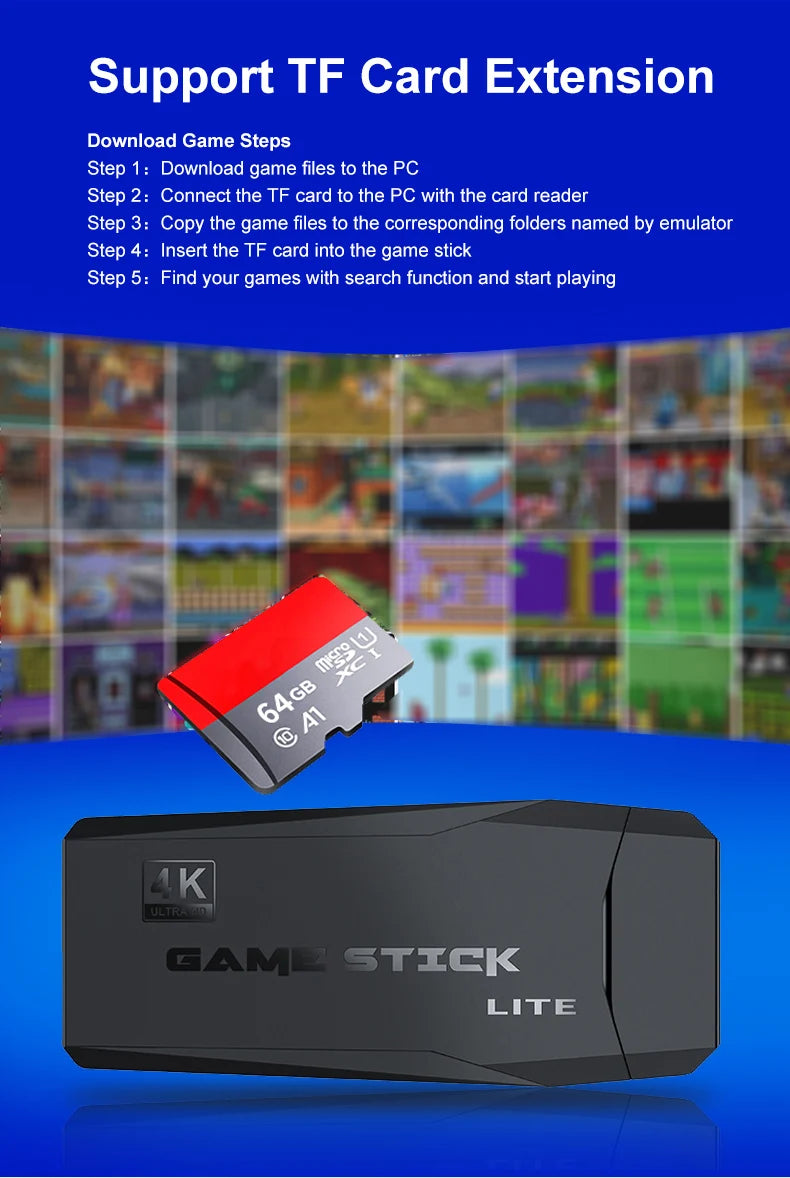 M8 4K Retro Game Stick – 40,000+ Classic Games, Dual Wireless Controllers & HDMI Plug & Play Console