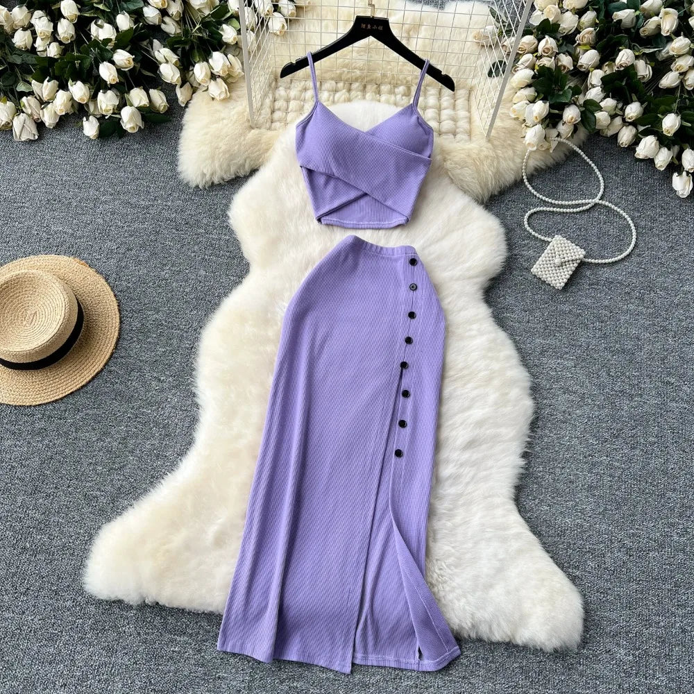 Women's Elegant 2 Piece Summer Set – V Neck Crop Top & High Waist Split Maxi Skirt