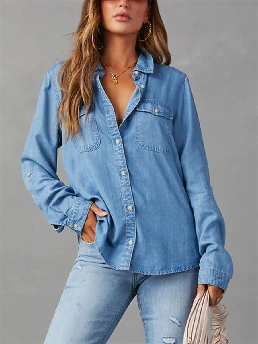 Women's Classic Denim Shirt – Long Sleeve Button-Up Jean Blouse, Casual Loose Fit Collared Top