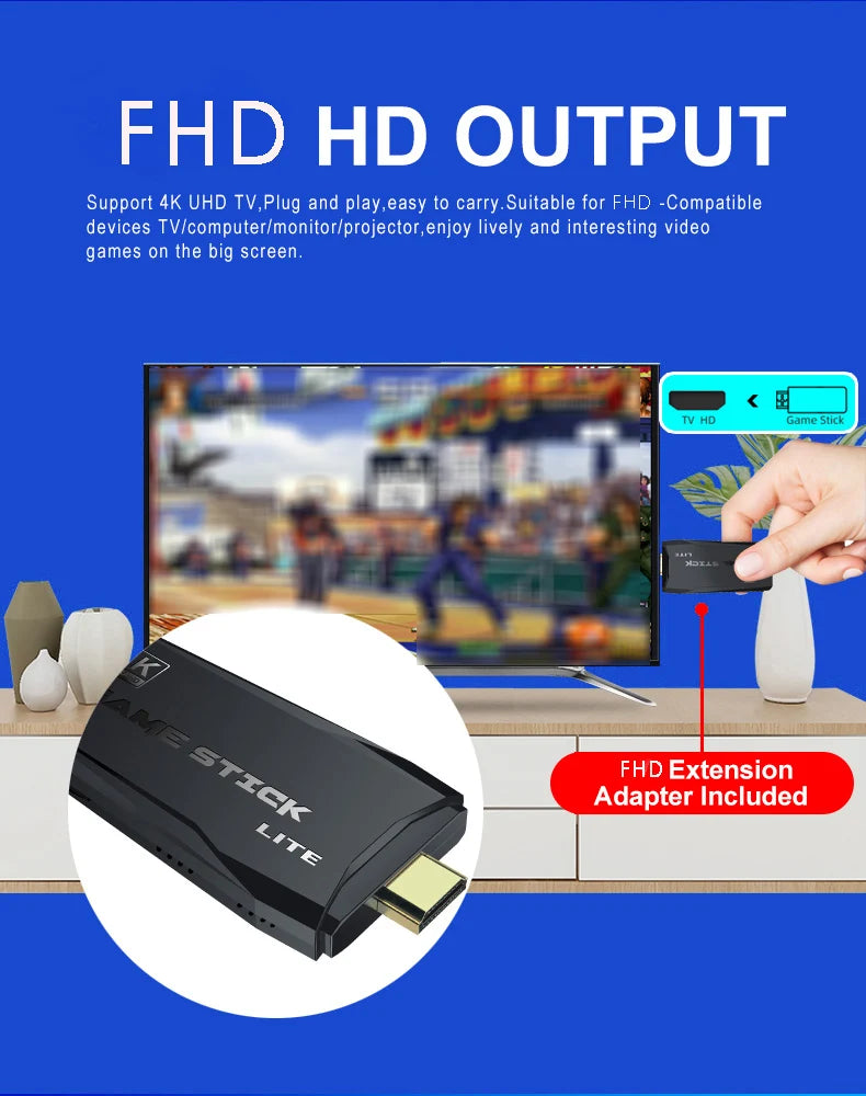 M8 4K Retro Game Stick – 40,000+ Classic Games, Dual Wireless Controllers & HDMI Plug & Play Console