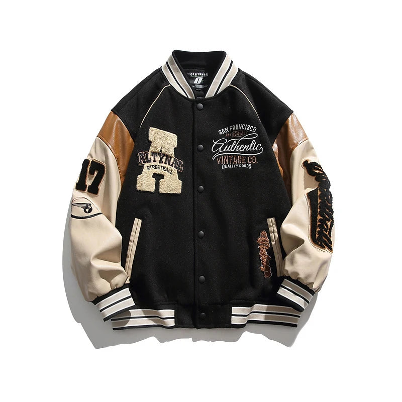 Men's Vintage Embroidered Varsity Baseball Jacket – Casual Windproof Bomber Coat