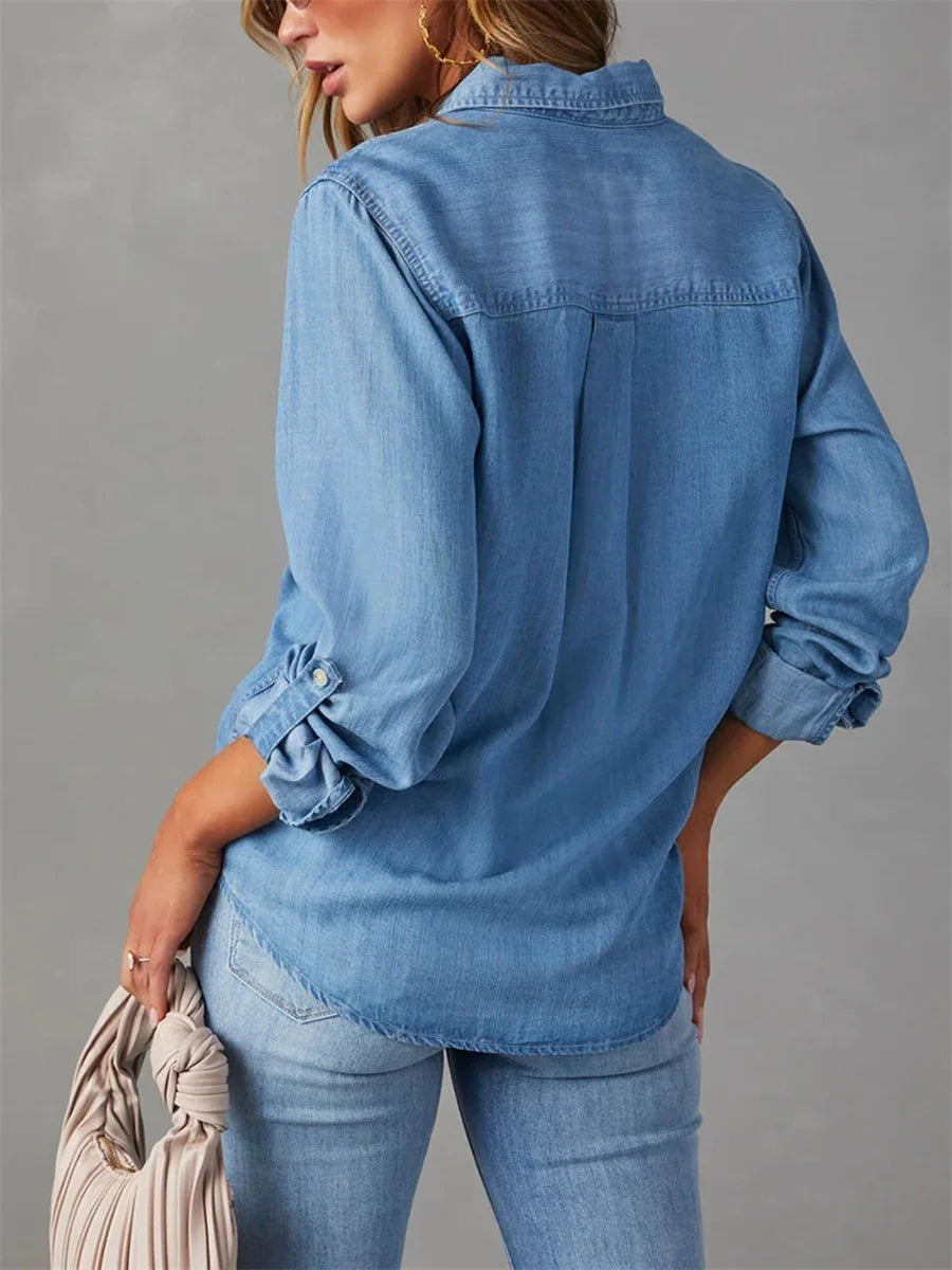 Women's Classic Denim Shirt – Long Sleeve Button-Up Jean Blouse, Casual Loose Fit Collared Top
