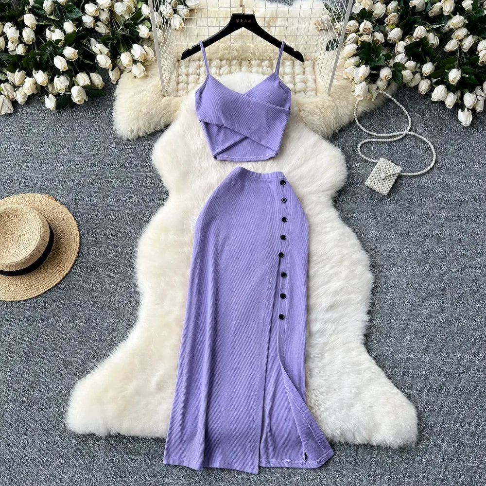 Women's Elegant 2 Piece Summer Set – V Neck Crop Top & High Waist Split Maxi Skirt