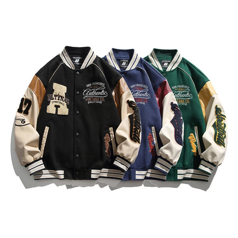Men's Vintage Embroidered Varsity Baseball Jacket – Casual Windproof Bomber Coat