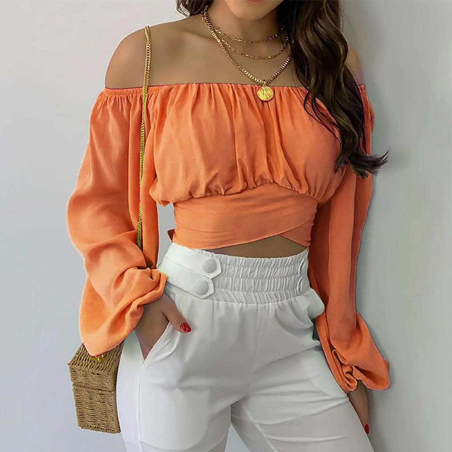 Women's Chiffon Off Shoulder Blouse – Elegant Long Sleeve Bow Top