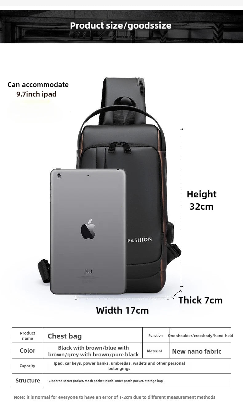 Men's Anti-Theft Sling Bag with USB Charging Port – Waterproof Crossbody Chest Backpack