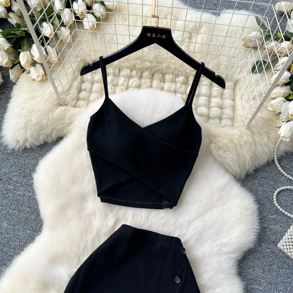 Women's Elegant 2 Piece Summer Set – V Neck Crop Top & High Waist Split Maxi Skirt