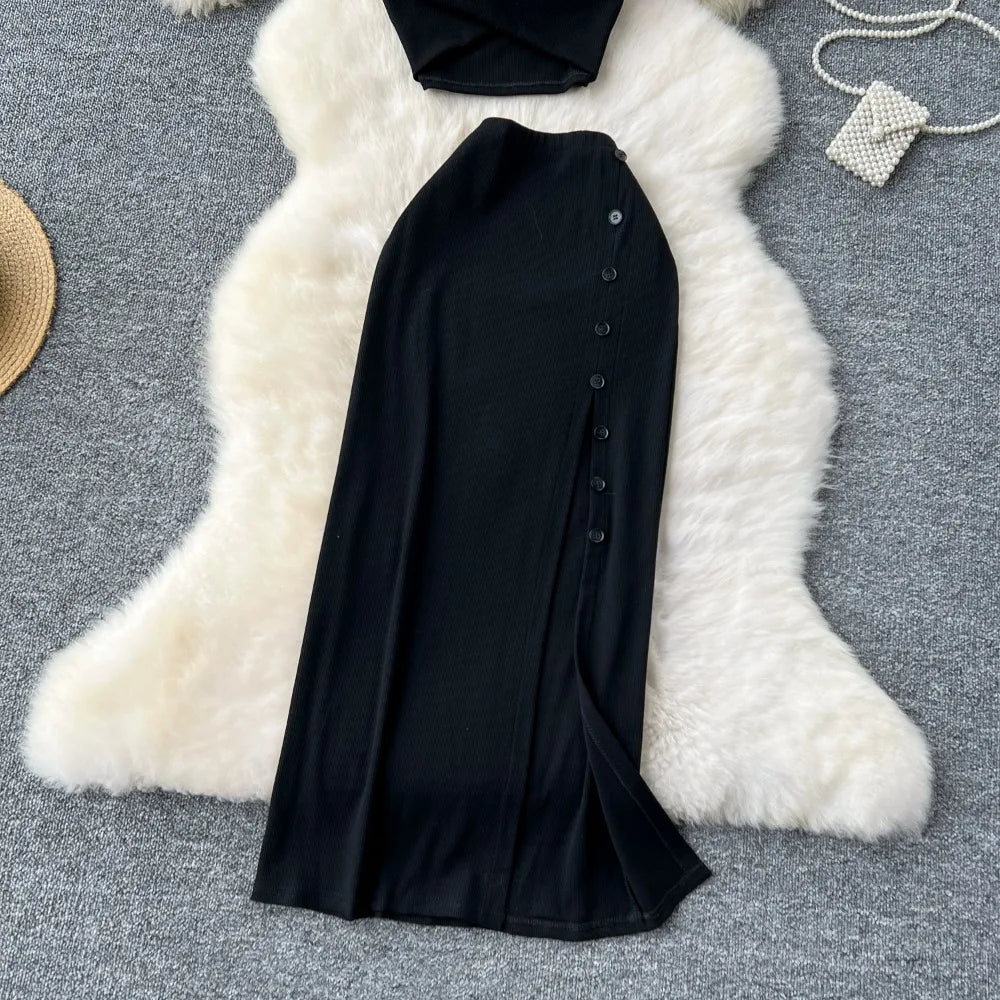 Women's Elegant 2 Piece Summer Set – V Neck Crop Top & High Waist Split Maxi Skirt