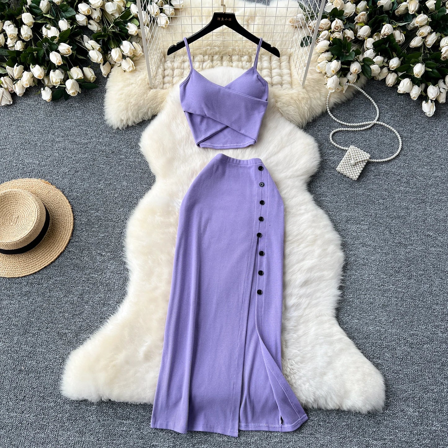 Women's Elegant 2 Piece Summer Set – V Neck Crop Top & High Waist Split Maxi Skirt