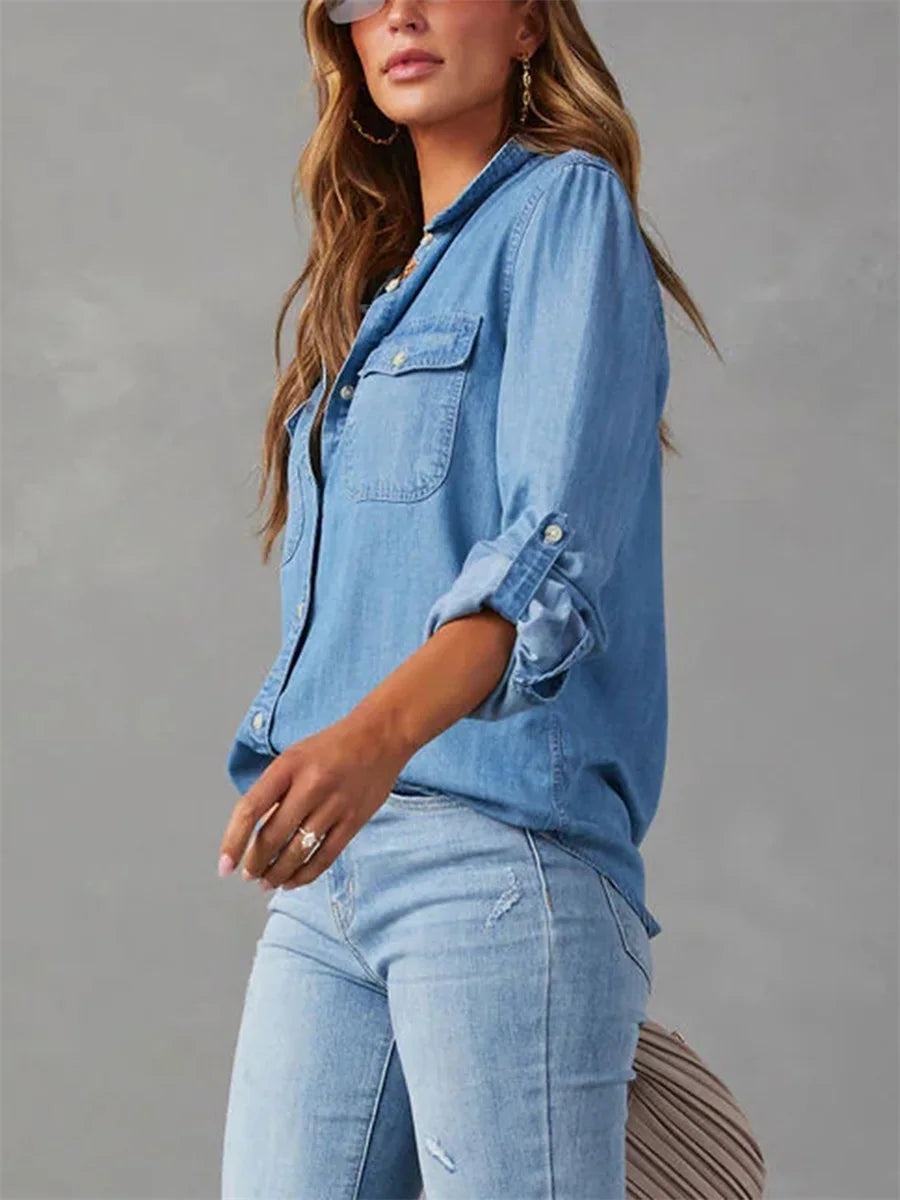 Women's Classic Denim Shirt – Long Sleeve Button-Up Jean Blouse, Casual Loose Fit Collared Top